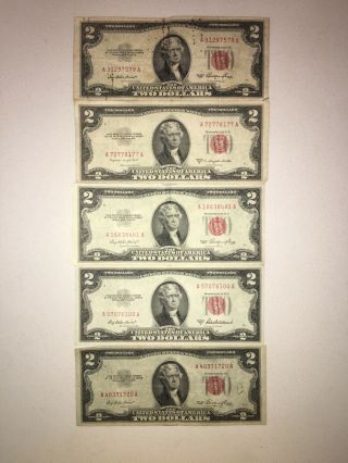 Set Of 5 $2 Red Seal Bills 1953 Fine To About Uncirculated