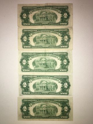 Set of 5 $2 Red Seal Bills 1953 Fine to About Uncirculated 2