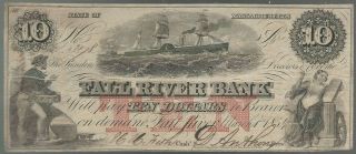 U.  S.  A.  Massachusetts,  Fall River Bank,  Fall River $10 A,  Mar 1,  1854 Vg (rep 