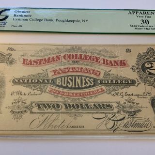 York $2 Obsolete Currency EASTMAN COLLEGE BANK,  Poughkeepsie PCGS 30 2