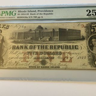 1853 Rhode Island $5 Obsolete Currency BANK OF THE REPUBLIC,  Providence PMG 25 2