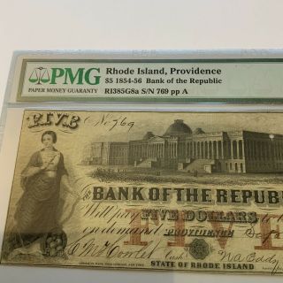 1853 Rhode Island $5 Obsolete Currency BANK OF THE REPUBLIC,  Providence PMG 25 3