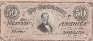 50 Dollars Extra Fine Banknote From Confederate States Of America 1864