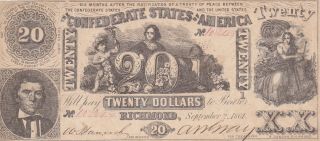 20 Dollars Very Fine Cut Cancel Banknote From Confederate States Of America 1864