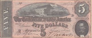 5 Dollars Extra Fine Banknote From Confederate States Of America 1864