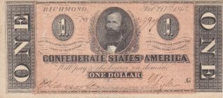 1 Dollar Fine Banknote From Confederate States Of America 1864