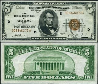 Fr.  1850 D $5 1929 Federal Reserve Bank Note Cleveland D - A Block Xf,
