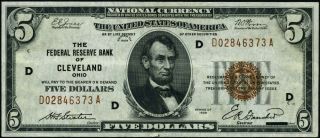 FR.  1850 D $5 1929 Federal Reserve Bank Note Cleveland D - A Block XF, 2