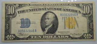 1934 A $10 Silver Certificate North Africa Yellow Seal Ww2 Note - Fine Fr 2309