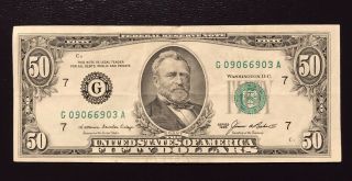 1985 (g) $50 Fifty Dollar Bill Federal Reserve Note Chicago Vintage Currency Old