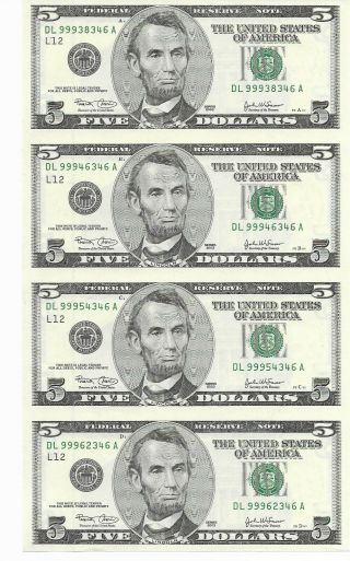 2003 $5 Frn Uncut Sheet Of 4 San Francisco District Notes Ending Serial 346a