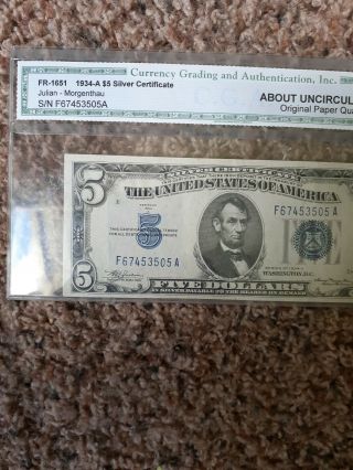 1934 A Series Five Dollar Silver Certificate $5 Blue Seal AU 2