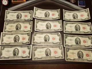 1953 Two Dollar Bills • Circulated Red Seal Notes • 12 Bills • Series A & B