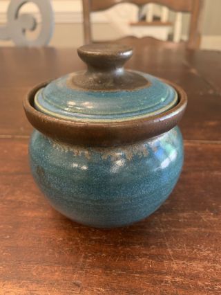 Pigeon Forge Pottery Teal/brown Honey Pot Signed A.  Huskey 4”