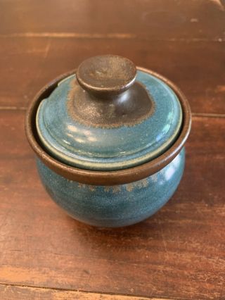 Pigeon Forge Pottery Teal/Brown Honey Pot Signed A.  Huskey 4” 2