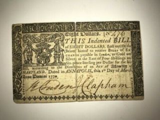 Colonial Currency 1770 Maryland $8 Dollars Dark Ink And A Deep Crease