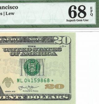 2013 $20 San Francisco Star ⭐️ Frn Pmg Gem Uncirculated 68 Epq Banknote 1