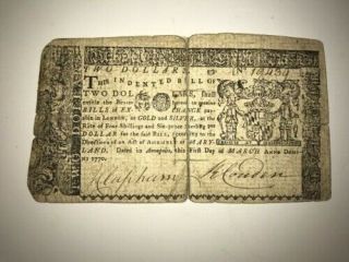 1770 Annapolis Maryland Two Dollars Colonial Continental Currency $2 Note