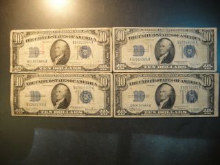 Four (4) 1934 United States $10 Silver Certificates.  Very Good To Fine.