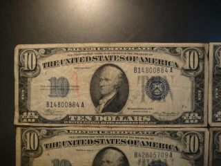 Four (4) 1934 United States $10 Silver Certificates.  Very Good to Fine. 2