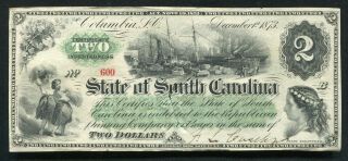 1873 $2 State Of South Carolina Columbia,  Sc Obsolete Banknote Au (b)