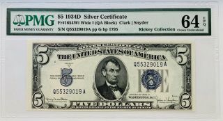 1934 D $5 Blue Seal Federal Reserve Bank Note Uncirculated Grade 64 Epq
