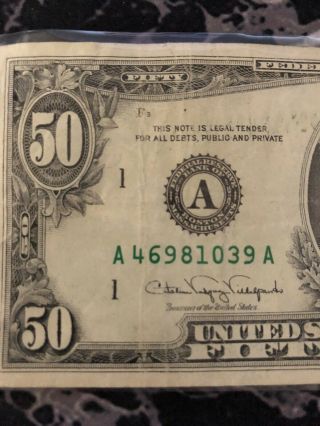 Old 50 Dollar Bill Series 1990 Federal Reserve Boston MA Serial A46981039A 3