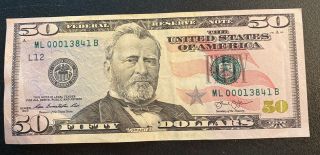$50 Dollar Bill Star Note - Low Serial Number 00013841 - 2013