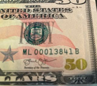 $50 Dollar Bill Star Note - Low serial Number 00013841 - 2013 3