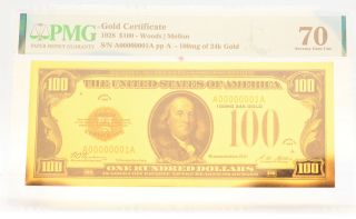 1928 $100 Gold Certificate 24k Gold 100mg Pmg 70 Gem Unc Note - Jj134