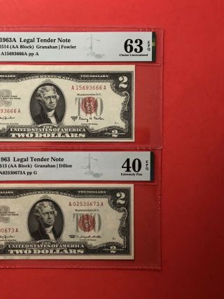1963a & 1963 - $2 Red Seal Notes,  Graded By Pmg,  Ex.  Fine 40 & Choice Unc 63 Epq.
