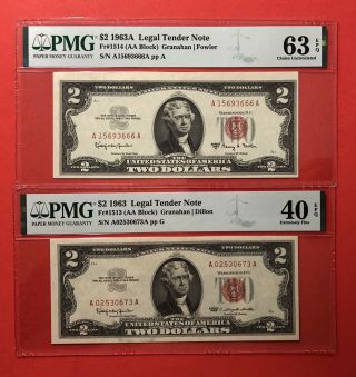 1963A & 1963 - $2 RED SEAL NOTES,  GRADED BY PMG,  EX.  FINE 40 & CHOICE UNC 63 EPQ. 2