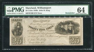 1840’s 25 Cents John H.  King Williamsport,  Md Obsolete Remainder Pmg Unc - 64 (h)