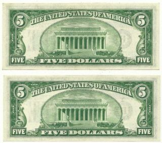 1934 - A $5 YORK FEDERAL RESERVE ONE OF TWO CONSECUTIVE GEM UNCIRCULATED 2