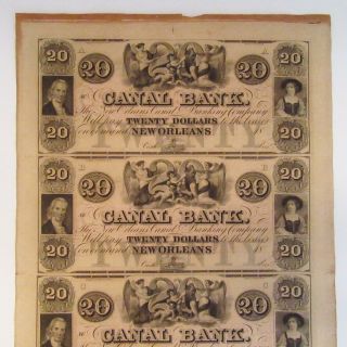 1800s Canal Bank Orleans $20 Obsolete Bank Notes,  Uncut Sheet of 4 - Angels 2