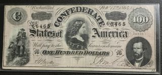 T - 65 1864 $100 One Hundred Csa Confederate States Of America “lucy Pickens”
