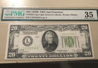 1928 B $20 Frn San Francisco Fr.  2052 Llgs Light Green Pmg Choice Vf 35