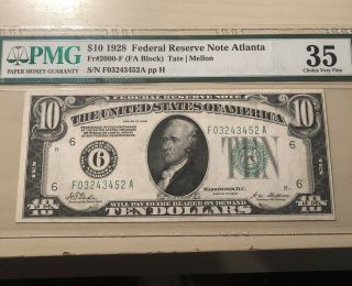 1928 $10 Note Atlanta Fr.  2000 - F Fa Block Tate Pmg 35 Choice Vf