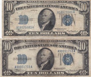 2 - 1934 $10 Ten Dollar Silver Certificates Blue Seal Circulated 5