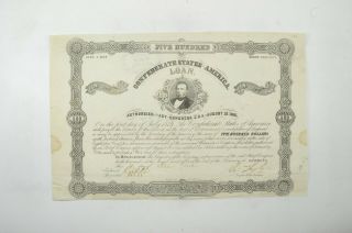 Authentic - 1862 Confederate States - Civil War $500 Bond Certificate 028