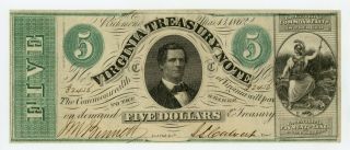 1862 Cr.  15 $5 Virginia Treasury Note - Civil War Era