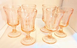 6 Vintage Recollection Pink Indiana Pressed Glass Scroll Water Goblets 6 1/2 "