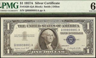 1957A $1 DOLLAR NEAR SOLID 8880 8881 LADDER SILVER CERTIFICATE NOTE PMG 65 EPQ 2