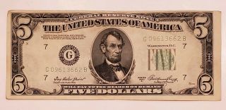 Misprinted Series 1950 A 5 Dollar Bill,  Errors: Off Center - Light Green Ink Front