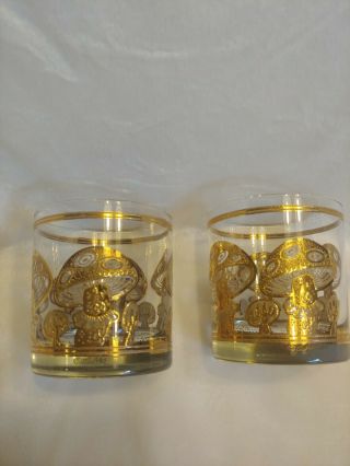 Two Vintage Mid - Century Modern Gold Gilded Mushroom Signed Culver Glasses