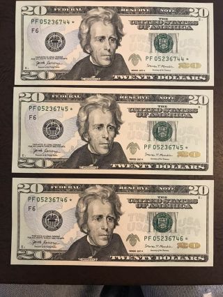 3 Consecutive 20 Dollar Bill Star Notes.  Crisp Unc From Us 2017a