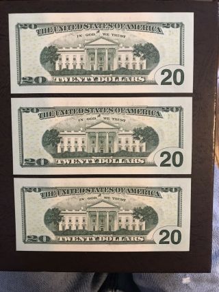 3 Consecutive 20 dollar bill star notes.  Crisp Unc from US 2017a 2