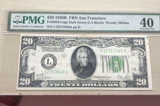 1928 B $20 Note Frn San Francisco Fr.  2052 Ldgs Dark Green (la Block) Pmg Ef 40