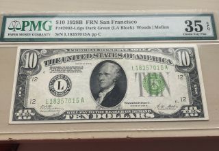 1928 B $10 Note Frn San Francisco Fr.  2002 - Ldgs Dark Green Pmg Choice Vf 35