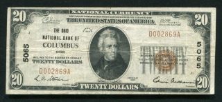 1929 $20 The Ohio National Bank Of Columbus,  Oh National Currency Ch.  5065